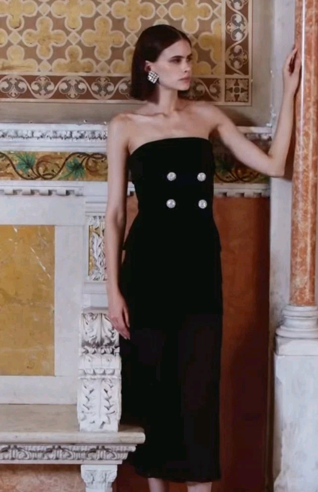 Nwt $925 Rebecca Vallance Celia Black Strapless Pleated Pearl Buttons Midi Dress
